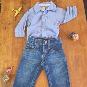 6-9 month George blue button up body suit & 6-9 month Wrangler jeans.